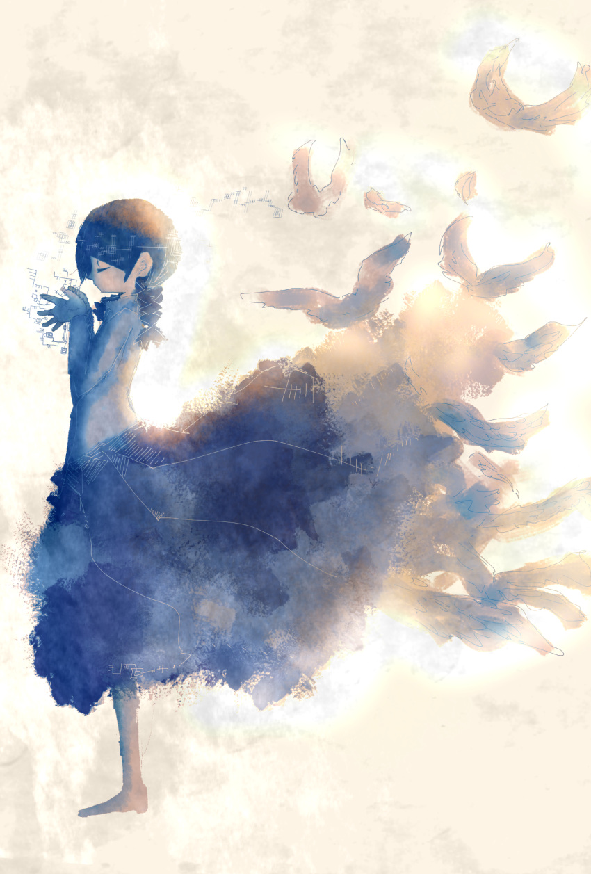 barefoot bird braid closed_eyes feathered_wings feathers from_side hands_together highres light long_hair long_sleeves madotsuki oimo_160 shirt skirt solo twin_braids wings yume_nikki