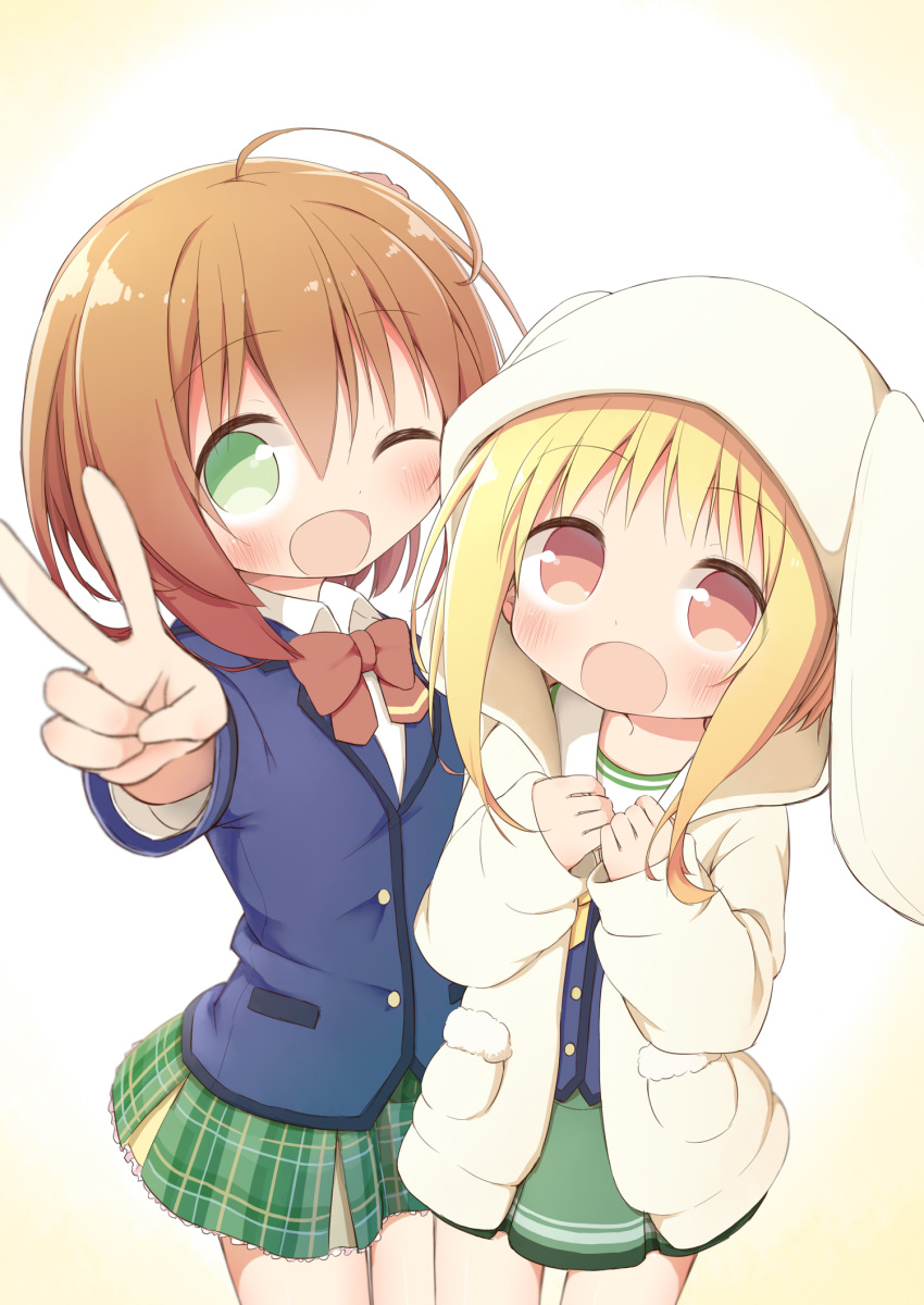 :d ;d animal_ears animal_hood ayanepuna battle_girl_high_school blonde_hair blue_jacket blurry blurry_foreground blush bow bowtie brown_eyes brown_hair brown_neckwear bunny_ears bunny_hood collared_shirt depth_of_field green_eyes green_skirt hands_up highres hood hood_up hoodie hoshitsuki_miki jacket long_hair long_sleeves multiple_girls one_eye_closed open_clothes open_hoodie open_mouth outstretched_arm own_hands_together plaid plaid_skirt pleated_skirt school_uniform serafuku shirt sidelocks skirt sleeves_past_wrists smile v watagi_michelle white_hoodie white_shirt