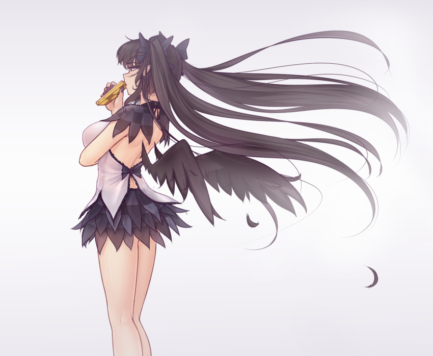 alternate_costume back backless_outfit bare_arms bare_legs black_bow black_hair black_nails black_ribbon black_wings bow breasts brown_hair cellphone checkered checkered_skirt commentary eyebrows_visible_through_hair feathered_wings hair_bow hair_ribbon hat hater_(hatater) highres himekaidou_hatate kneepits large_breasts long_hair microskirt miniskirt nail_polish no_bra no_panties phone pointy_ears ribbon shirt simple_background skirt sleeveless sleeveless_shirt smartphone_case solo standing tokin_hat touhou twintails very_long_hair wings