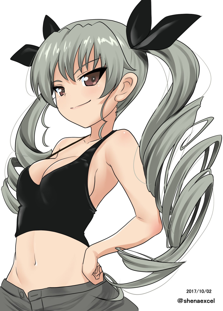 anchovy bangs black_ribbon breasts cleavage closed_mouth commentary crop_top dated drill_hair excel_(shena) eyebrows_visible_through_hair girls_und_panzer green_hair grey_pants hair_ribbon hand_on_hip highres long_hair looking_at_viewer medium_breasts midriff navel pants red_eyes ribbon simple_background smile solo standing strap_gap tank_top twin_drills twintails twitter_username upper_body white_background