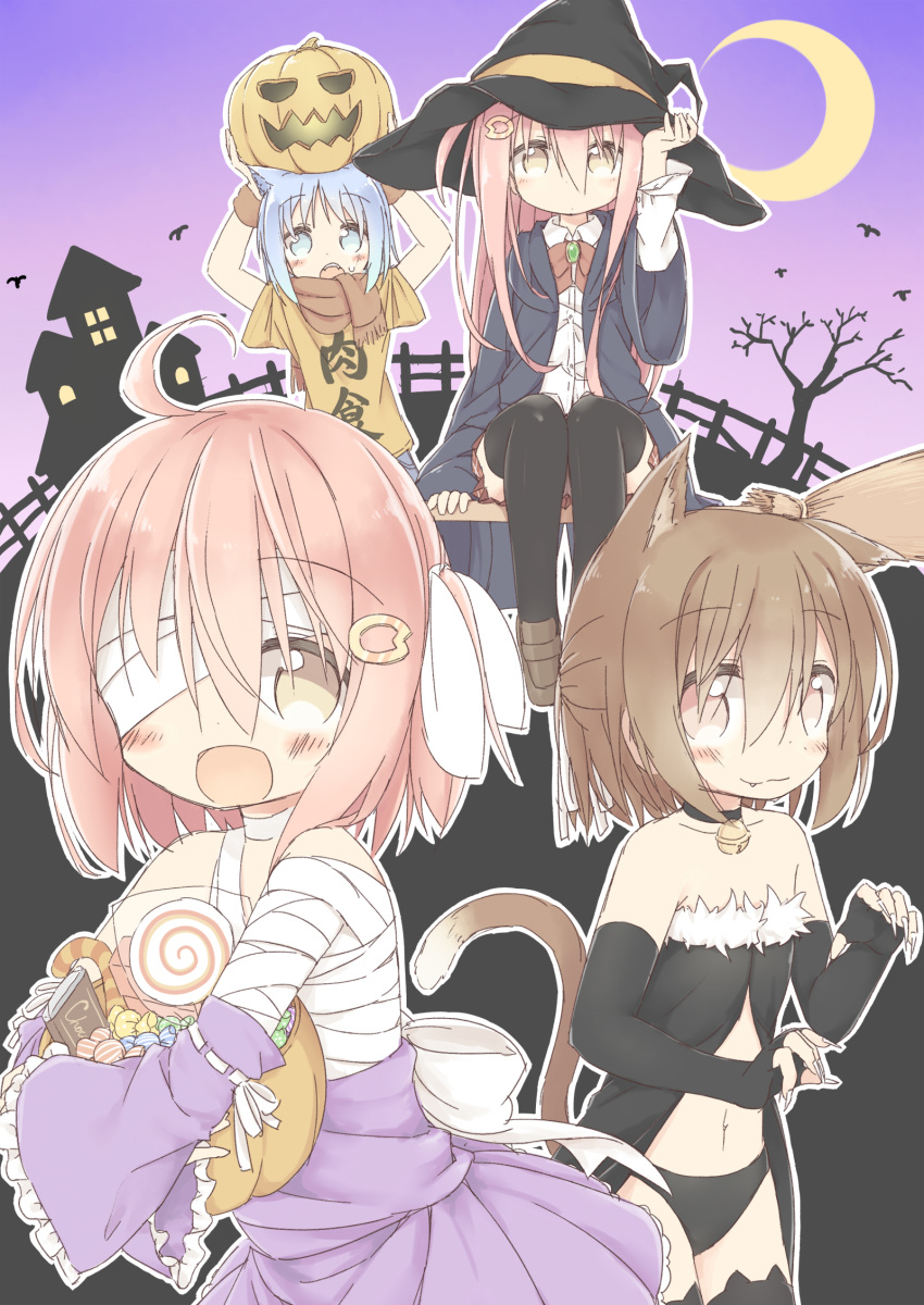 3girls :3 :d animal_band_legwear animal_ears arms_up ayanepuna bandage_over_one_eye bangs bare_shoulders bare_tree bell bell_choker black_choker black_dress black_gloves black_hat black_legwear black_panties black_robe blue_eyes blue_hair blush bow bowtie brooch broom brown_eyes brown_footwear brown_hair brown_neckwear brown_shirt candy candy_cane candy_wrapper cat_band_legwear cat_ears cat_girl cat_tail chocolate choker closed_mouth clothes_writing collarbone collared_shirt commentary_request crescent_moon detached_sleeves dress dress_shirt elbow_gloves eyebrows_visible_through_hair fang fang_out fangs fingerless_gloves fingernails food frilled_dress frills fur_trim gloves gradient gradient_background hair_between_eyes hair_ornament hair_ribbon halloween halloween_basket hat highres hood hood_down hooded_robe ii_(ayanepuna) jack-o'-lantern jewelry jingle_bell kemonomimi_mode kuu_(ayanepuna) loafers lollipop long_fingernails long_hair long_sleeves mei_(ayanepuna) moon multiple_girls navel on_head one_side_up open_clothes open_mouth open_robe original panties pink_background pink_hair pleated_skirt purple_background purple_dress red_skirt ribbon robe sharp_fingernails shirt shoes short_sleeves sidelocks sitting skirt smile strapless strapless_dress sweat sweatband swirl_lollipop tail thighhighs tree underwear very_long_hair white_bow white_ribbon white_shirt wide_sleeves witch_hat wristband yune_(ayanepuna)