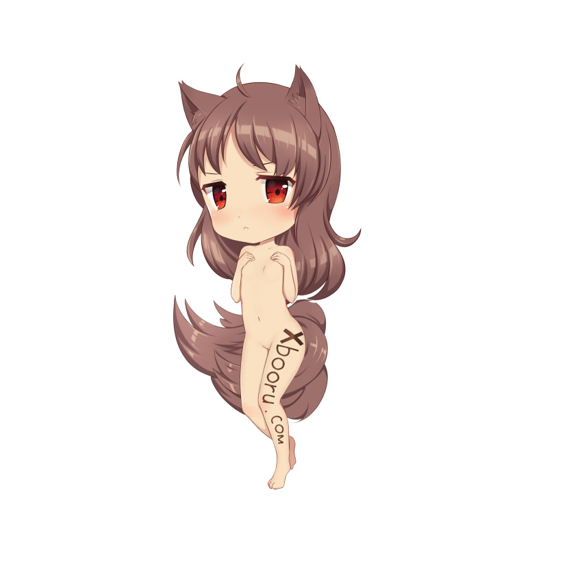 1girl blush brown_hair chibi full_body hand_bra mascot navel red_eyes solo xbooru