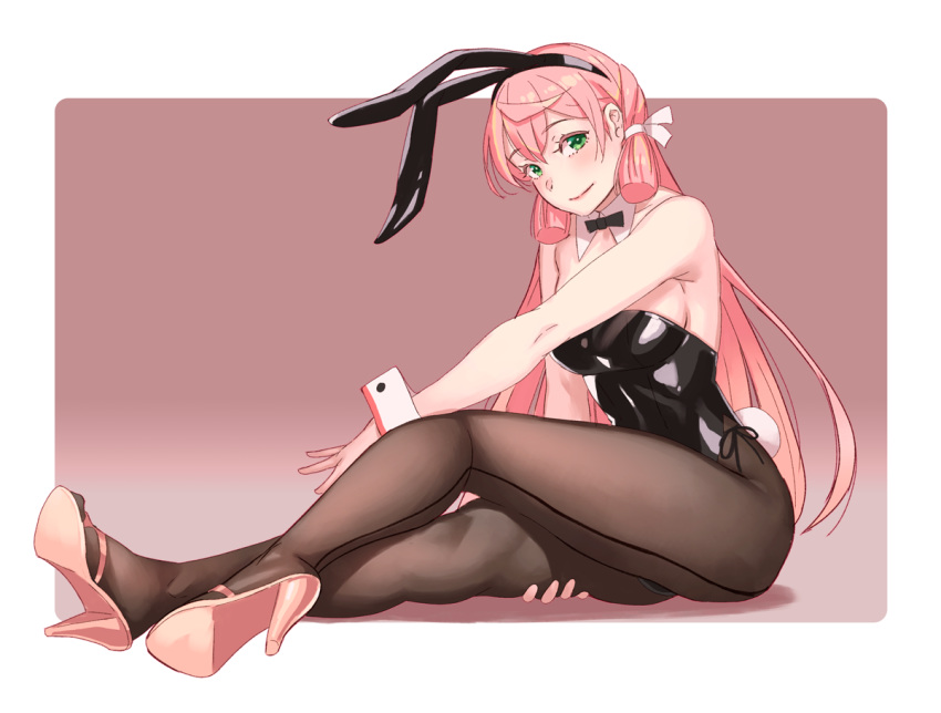 akashi_(kantai_collection) animal_ears back-seamed_legwear black_legwear black_leotard black_neckwear bow bowtie bunny_ears bunny_tail bunnysuit commentary_request detached_collar fake_animal_ears full_body gradient gradient_background green_eyes hair_ribbon kantai_collection leotard lips long_hair looking_at_viewer open_toe_shoes pantyhose pink_background pink_footwear pink_hair ribbon seamed_legwear solo strapless strapless_leotard tail tress_ribbon two-tone_background wrist_cuffs yuuji_(and)