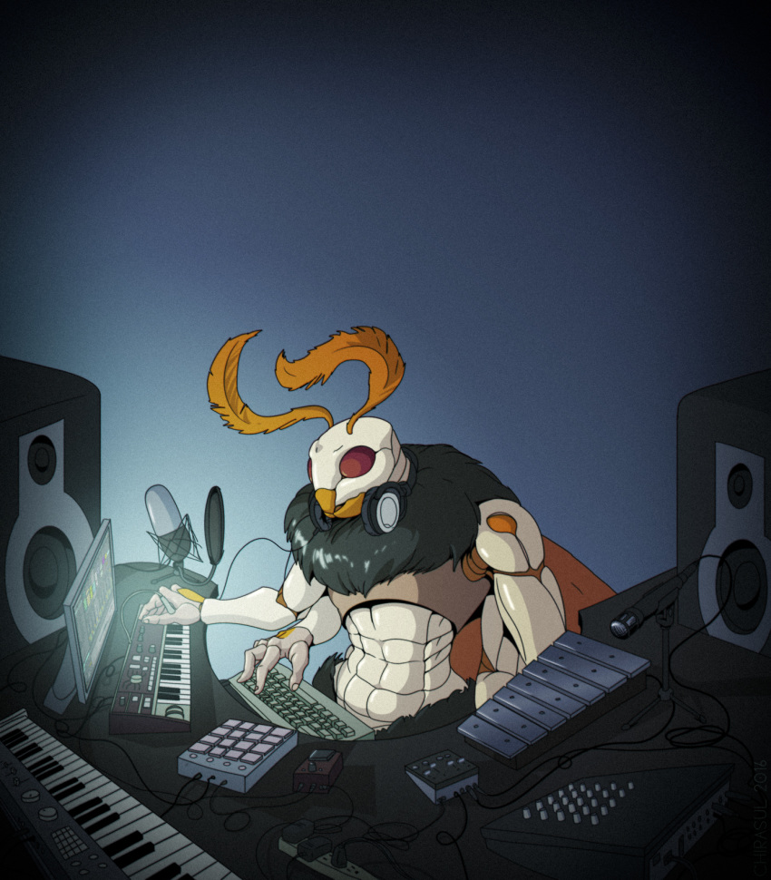 2016 4_arms antennae anthro arthropod chirasul computer desk digital_media_(artwork) fur grainy headphones hi_res insect keyboard_(instrument) male microphone moth multi_arm multi_limb music musical_instrument red_eyes simple_background solo sound standing watermark wings