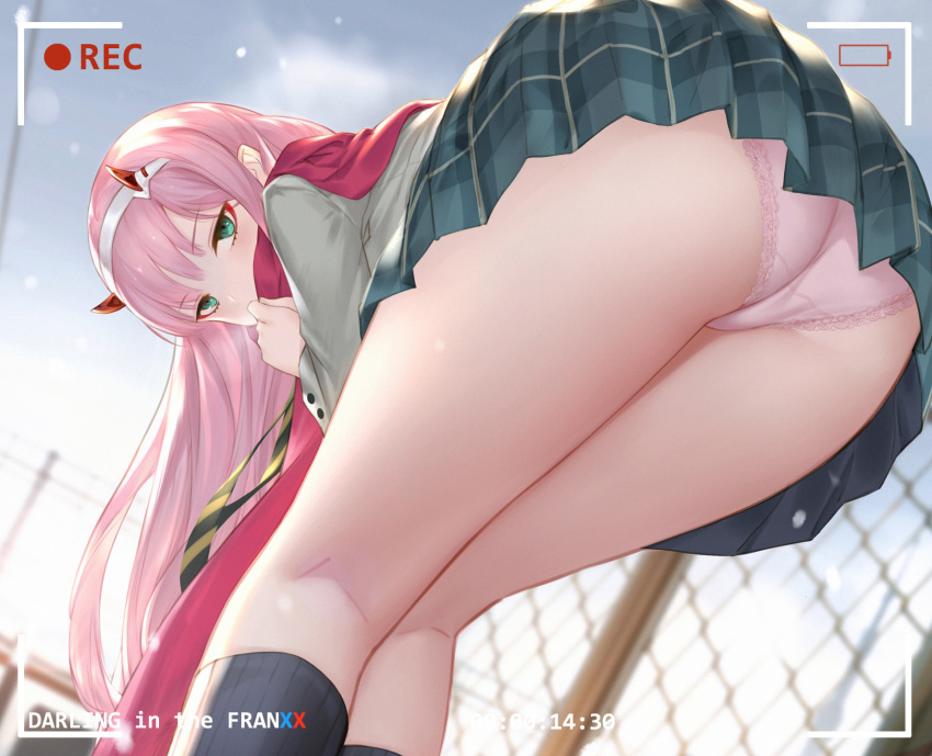ass ass_focus bangs black_legwear blurry blurry_background blush cloud cloudy_sky copyright_name darling_in_the_franxx day depth_of_field eyeshadow feet_up green_eyes green_skirt grey_shirt hairband highres horns kneehighs kneepits long_hair long_sleeves looking_at_viewer makeup miniskirt motion_blur outdoors panties pantyshot pantyshot_(standing) pink_panties plaid plaid_skirt pleated_skirt recording red_scarf scarf scarf_over_mouth shirt skirt sky snowing solo standing straight_hair thighs tsurime underwear upskirt very_long_hair white_hairband winter yijian_ma zero_two_(darling_in_the_franxx)