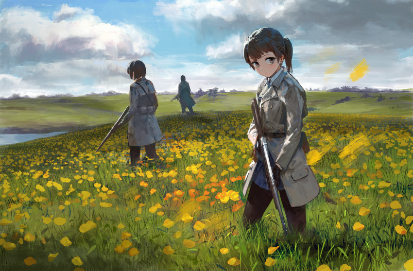 2boys belt belt_pouch black_gloves black_legwear brown_eyes brown_hair cloud collared_shirt day double-breasted expressionless field flower flower_field gloves grass gun highres long_coat looking_at_viewer meadow multiple_boys original ponytail poppy_(flower) pouch rifle scenery shirt short_hair skirt sky tall_grass treeware weapon