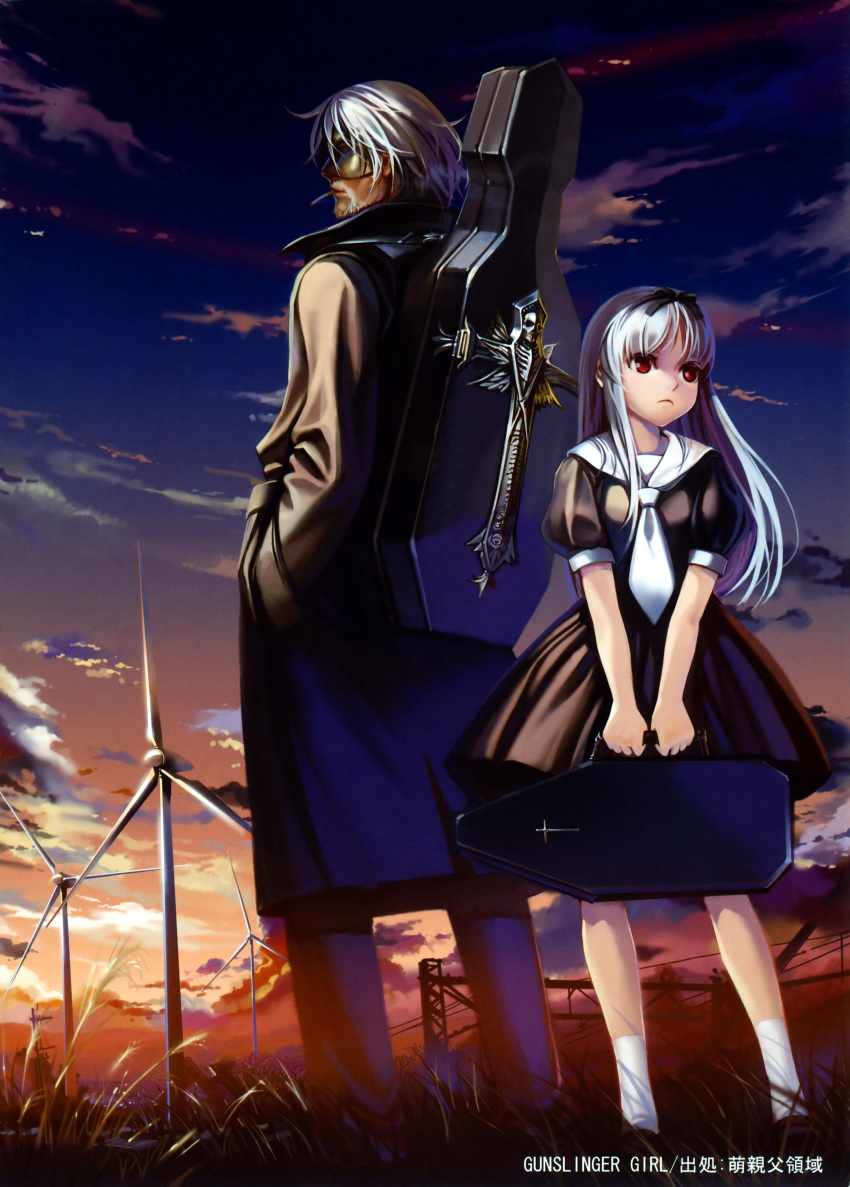 1girl absurdres abyss alphonse_(white_datura) beard black_dress cigarette cloud dress el_(sound_horizon) elysion evening facial_hair grass hair_ribbon height_difference highres instrument_case long_hair mask non-web_source petite puffy_sleeves red_eyes ribbon sailor_dress scan sky socks sound_horizon sunset translation_request trench_coat violin_case white_hair white_legwear wind_turbine windmill