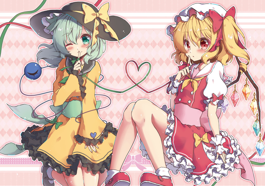 beni_kurage black_footwear blonde_hair blush bow commentary_request eyebrows_visible_through_hair finger_to_mouth flandre_scarlet frills green_eyes green_hair green_sash hair_bow hat hat_bow heart heart_of_string highres komeiji_koishi long_sleeves looking_at_viewer mary_janes mob_cap multiple_girls one_eye_closed petticoat pink_background pink_sash puffy_short_sleeves puffy_sleeves red_bow red_eyes red_footwear sailor_collar shirt shoes short_hair short_sleeves side_ponytail sitting socks third_eye touhou white_legwear wide_sleeves wings wrist_cuffs yellow_bow yellow_neckwear yellow_shirt