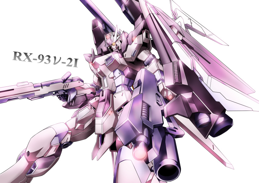 beam_rifle character_name commentary_request energy_gun glowing glowing_eye gundam_build_fighters_amazing hi-nu_gundam_influx highres kumichou_(ef65-1118-ef81-95) mecha no_humans simple_background weapon white_background