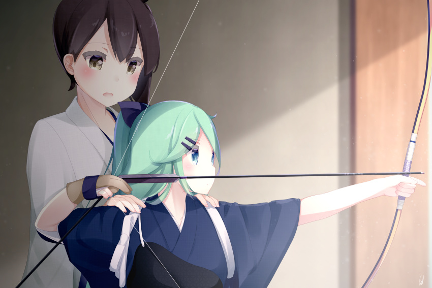 alternate_costume archery blue_eyes blush bow_(weapon) brown_eyes brown_hair commentary_request gloves green_hair hair_ornament hairclip hand_on_another's_shoulder hands_on_another's_shoulders height_difference highres kaga_(kantai_collection) kantai_collection kyuudou lauryl long_hair multiple_girls muneate partly_fingerless_gloves tasuki teaching upper_body weapon yamakaze_(kantai_collection) yugake