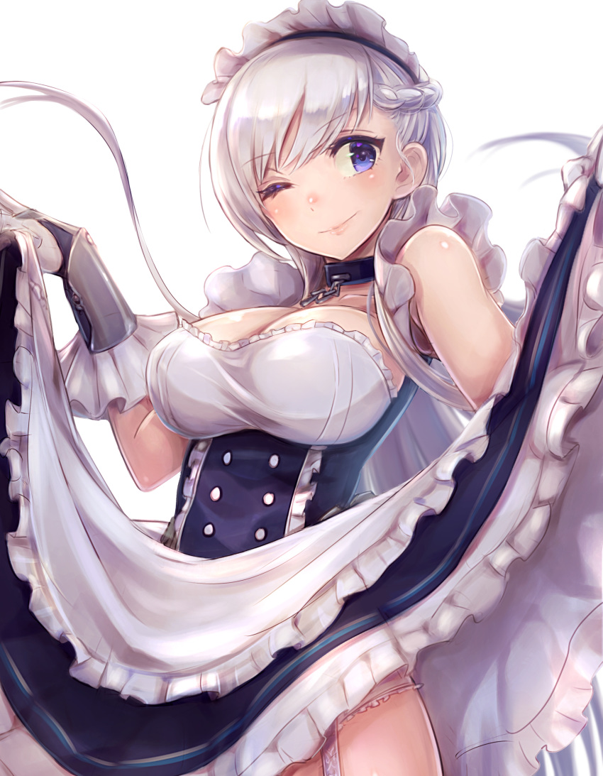 ;) absurdres apron arm_guards azur_lane bangs bare_shoulders belfast_(azur_lane) black_skirt blush braid breasts chain cleavage collar cowboy_shot elbow_gloves french_braid frilled_apron frilled_gloves frilled_skirt frills garter_straps gloves high-waist_skirt highres large_breasts lifted_by_self lips long_hair looking_at_viewer maid maid_headdress mappaninatta md5_mismatch one_eye_closed panties panty_peek purple_eyes shiny shiny_hair silver_hair simple_background skirt skirt_lift sleeveless smile solo standing swept_bangs underwear waist_apron white_background white_gloves white_panties