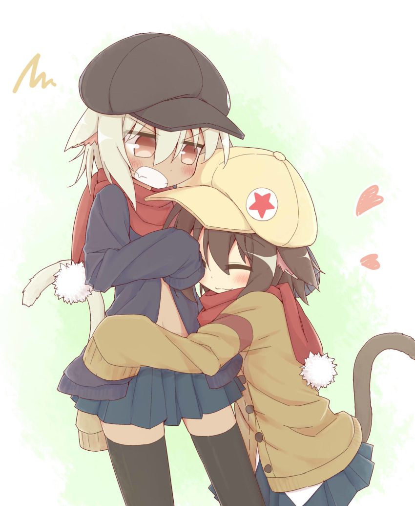 :3 animal_ears ayanepuna bangs black_legwear blue_cardigan blue_skirt blush borrowed_character brown_cardigan brown_eyes brown_hair brown_hat brown_shirt cabbie_hat cardigan cat_ears cat_tail clenched_teeth closed_mouth dark_skin eyebrows_visible_through_hair fang hair_between_eyes hat heart highres hug light_brown_hair long_sleeves multiple_girls open_cardigan open_clothes original pleated_skirt pom_pom_(clothes) red_scarf scarf shirt skirt sleeves_past_fingers sleeves_past_wrists star sweat tail teeth thighhighs