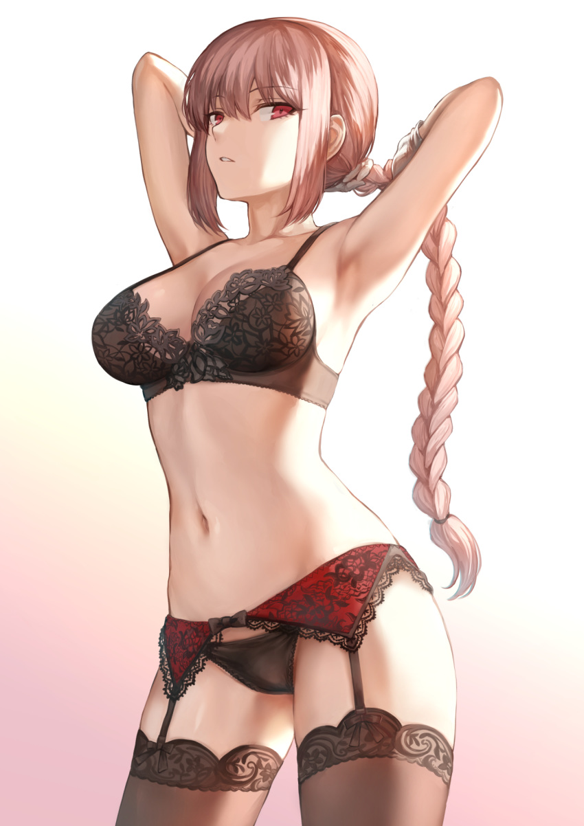 adjusting_hair armpits arms_behind_head arms_up backlighting bangs black_bow black_bra black_legwear black_panties bow bra braid breasts cleavage collarbone commentary cowboy_shot eyebrows_visible_through_hair fate/grand_order fate_(series) florence_nightingale_(fate/grand_order) from_side garter_belt gloves gradient gradient_background hair_between_eyes highres hips lace lace-trimmed_bra lace-trimmed_garter_belt lace-trimmed_thighhighs legs_apart long_hair looking_at_viewer mashu_003 medium_breasts navel panties parted_lips pink_background pink_hair red_eyes sidelocks sideways_glance simple_background single_braid solo standing thighhighs underwear underwear_only white_background white_gloves