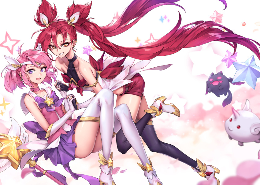 absurdres ahoge alternate_costume ankle_boots bare_shoulders black_gloves black_legwear boots elbow_gloves fingerless_gloves gloves hair_ornament high_heel_boots high_heels highres holding interlocked_fingers jinx_(league_of_legends) league_of_legends long_hair looking_at_viewer luxanna_crownguard multiple_girls oopartz_yang orange_eyes paid_reward patreon_reward pleated_skirt purple_eyes purple_skirt red_hair red_shorts short_hair shorts skirt sparkle star star_guardian_jinx star_guardian_lux thighhighs twintails very_long_hair white_gloves white_legwear