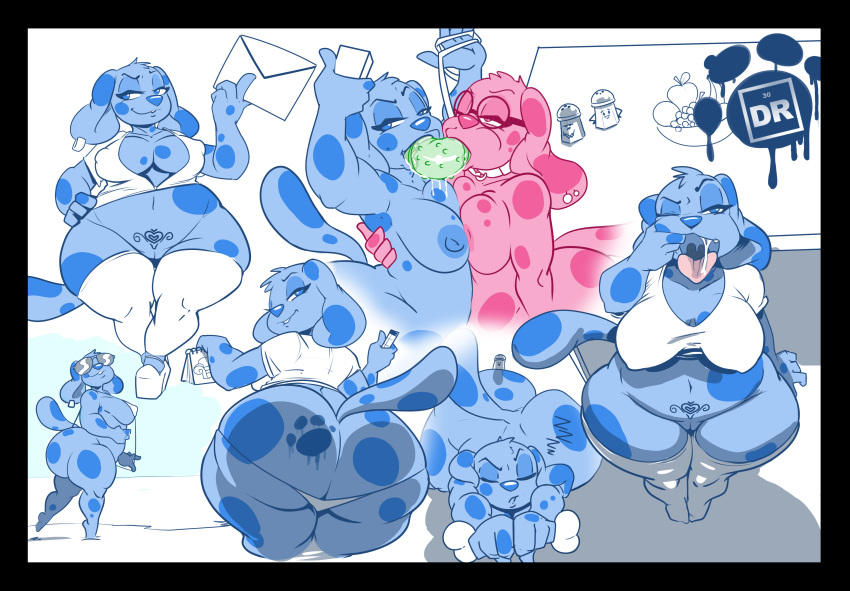 2018 absurd_res anthro black_border blue's_clues blue_(blue's_clues) blue_eyes border breasts butt canine clothing collar dingoringo30 dog eyes_closed eyewear female female/female footwear glasses half-closed_eyes hi_res holding_object leash legwear looking_at_viewer magenta_(blue's_clues) mammal nipples one_eye_closed pussy underwear