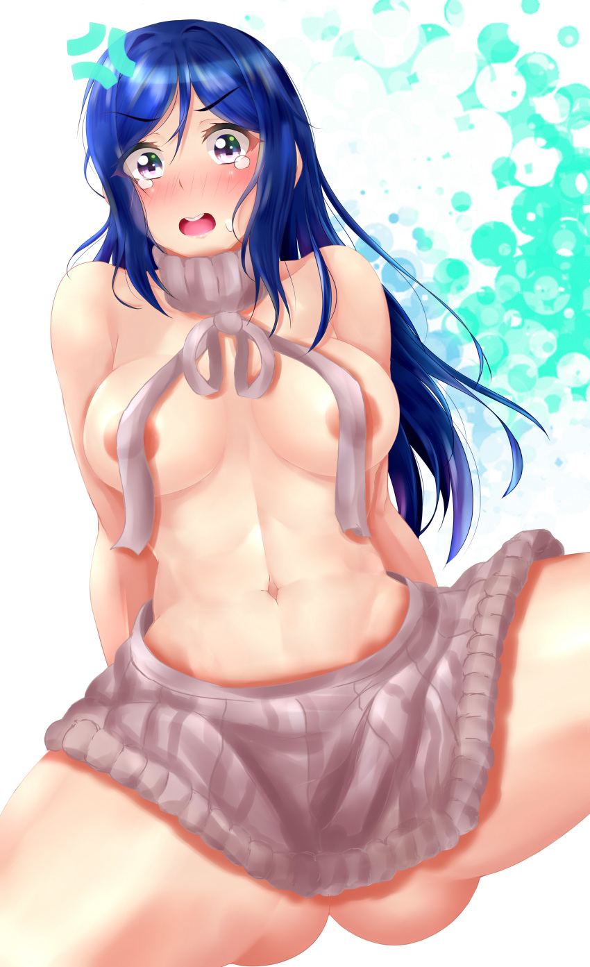 10s 1girl abs alternate_hairstyle anger_vein angry areola_slip areolae arm_support ass blue_hair blush breasts convenient_censoring irondammybat large_breasts long_hair looking_at_viewer love_live! love_live!_sunshine!! matsuura_kanan muscle navel no_bra no_panties purple_eyes sitting solo sweatdrop tears