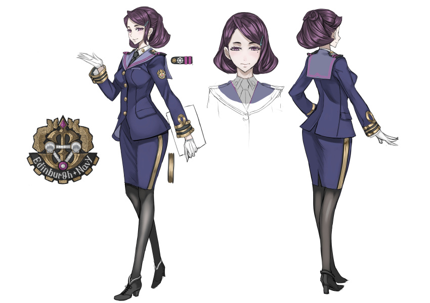absurdres ankle_boots boots breasts buttons commentary concept_art detached_sleeves full_body gloves hair_ornament hairclip highres honjou_raita long_sleeves looking_at_viewer medium_breasts military military_uniform mole mole_under_eye multiple_views necktie official_art pantyhose purple_eyes purple_hair senjou_no_valkyria senjou_no_valkyria_4 short_hair simple_background skirt smile standing turnaround uniform white_background white_gloves