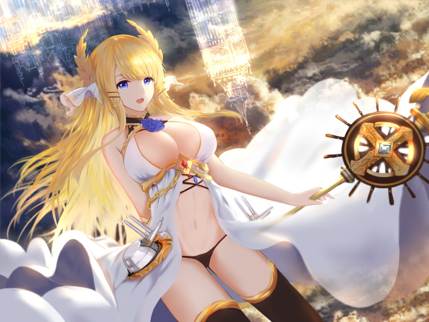 :d absurdres arm_behind_back azur_lane black_panties blonde_hair blue_eyes blue_flower breasts cleavage clock clock_tower cowboy_shot flower hair_ornament hair_ribbon higandgk highres holding holding_staff large_breasts long_hair looking_at_viewer midriff navel open_mouth panties ribbon sleeveless smile solo staff stomach tower underwear very_long_hair victorious_(azur_lane) white_ribbon