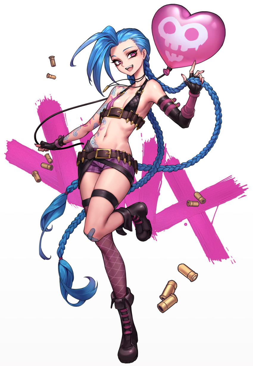 :d absurdres balloon bandaid bandaid_on_knee bare_shoulders bikini_top black_gloves blue_hair boots braid breasts bullet character_name elbow_gloves eyeshadow fingerless_gloves full_body gloves highres jinx_(league_of_legends) league_of_legends long_hair looking_at_viewer makeup mismatched_footwear mismatched_gloves nail_polish navel oopartz_yang open_mouth paid_reward patreon_reward pink_eyes shell_casing short_shorts shorts simple_background single_elbow_glove single_knee_boot single_thighhigh small_breasts smile solo standing standing_on_one_leg tattoo thigh_strap thighhighs twin_braids very_long_hair white_background