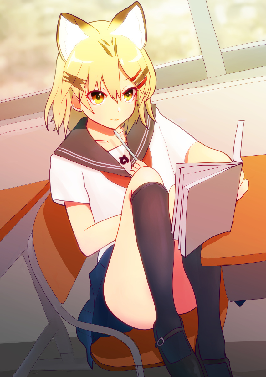 :3 absurdres alternate_costume animal_ears blonde_hair cat_ears contemporary desk earrings hair_ornament hairclip highres japari_symbol jewelry kemono_friends kneehighs knees_up multicolored_hair notebook pen pleated_skirt ponta_(matsuokazieg) sand_cat_(kemono_friends) school_uniform serafuku short_hair short_sleeves sitting skirt solo writing