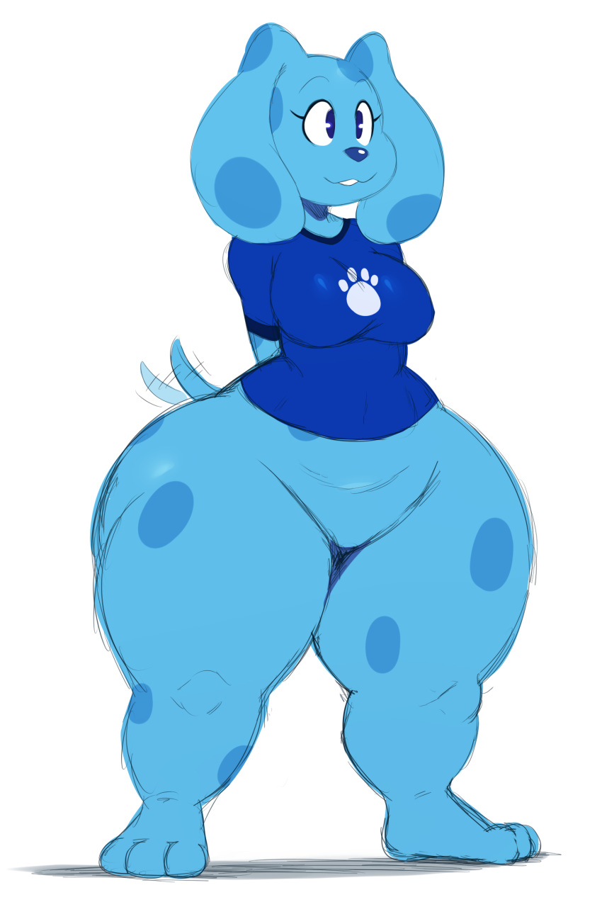 2018 3_toes absurd_res anthro anthrofied big_butt big_thighs biped blue's_clues blue_(blue's_clues) blue_eyes blue_nose bottomless breasts butt canine clothed clothing digital_media_(artwork) dog featureless_crotch female fur hands_behind_back hi_res huge_butt huge_hips invalid_tag mammal shirt simple_background smile solo spots spotted_fur sssonic2 standing tailwag thick_thighs toes voluptuous white_background wide_hips