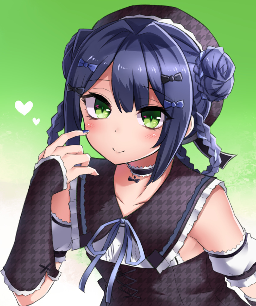 aihara_yachiyo arm_warmers bangs black_bow black_choker black_hat black_sailor_collar blue_bow blue_hair blue_nails blue_ribbon blush bow braid center_frills choker closed_mouth collarbone commentary_request corset cross-laced_clothes detached_sleeves double_bun eyebrows_visible_through_hair flat_chest frilled_choker frilled_shirt_collar frills gradient gradient_background green_background green_eyes hair_between_eyes hair_bow hair_rings hand_up hat heart highres houndstooth looking_at_viewer male_focus nail_polish neck_ribbon neit_ni_sei otoko_no_ko ribbon sailor_collar shiny shiny_hair shirt short_hair short_sleeves sidelocks slit_pupils smile solo twin_braids unmoving_pattern upper_body virtual_otoko_no_ko_aihara_yachiyo virtual_youtuber white_shirt