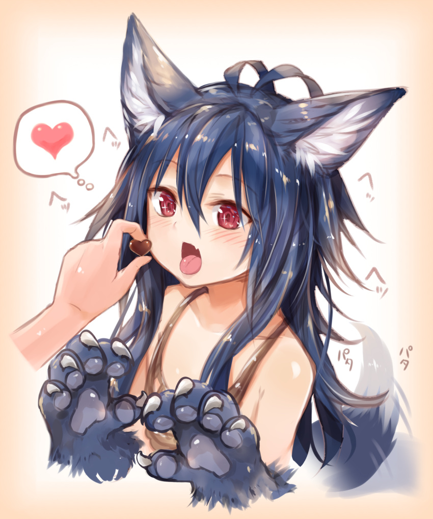 animal_ear_fluff animal_ears antenna_hair bangs blue_hair blush breasts chocolate chocolate_heart eyebrows_visible_through_hair fang fenrir_(shingeki_no_bahamut) granblue_fantasy hair_between_eyes heart highres long_hair looking_at_viewer open_mouth out_of_frame paws red_eyes shingeki_no_bahamut sideboob simple_background small_breasts solo_focus spoken_heart sukemyon tail tail_wagging tongue tongue_out upper_body wolf_ears wolf_tail
