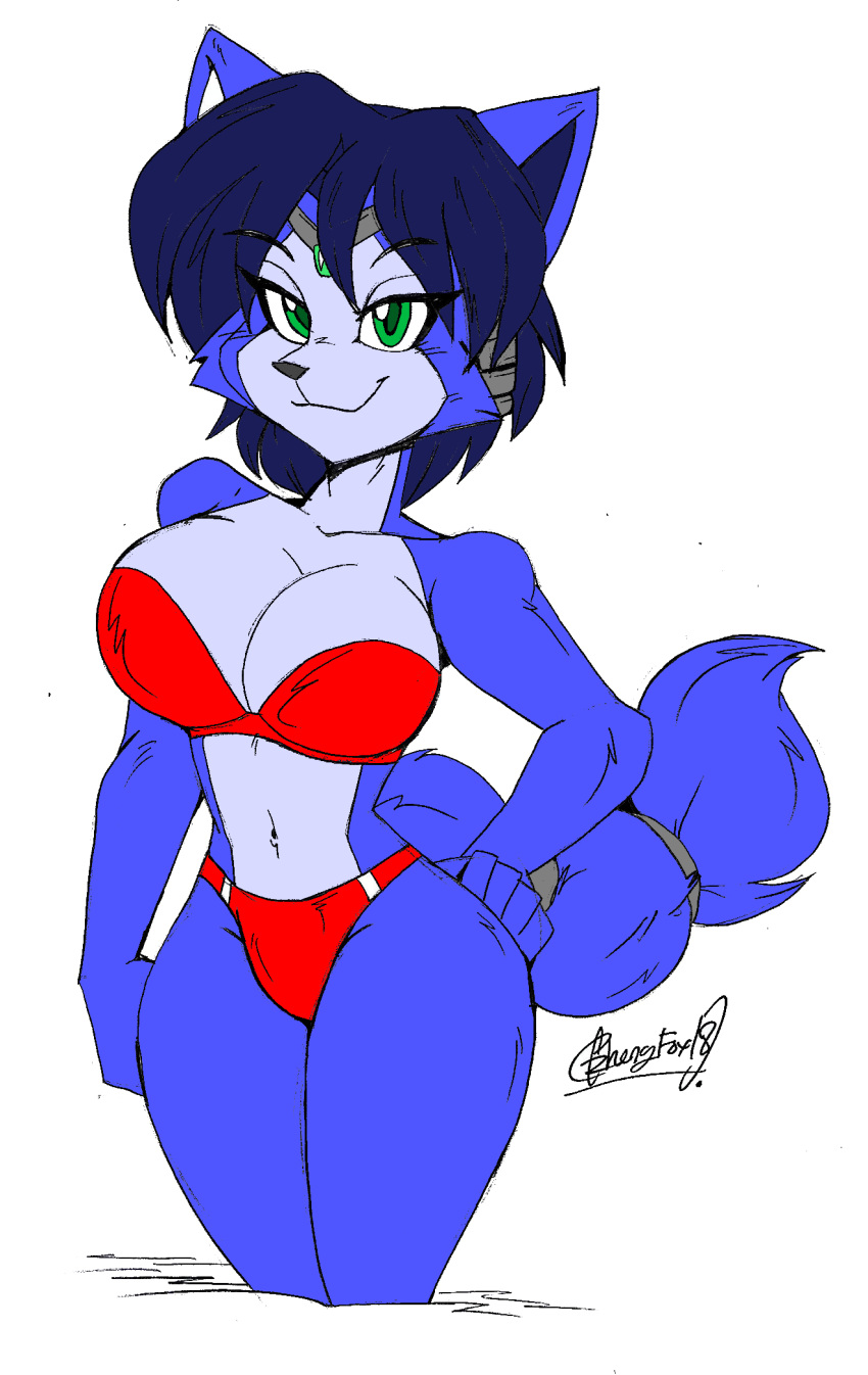 2018 akatsukishiranui-fox anthro big_breasts bikini blue_fur blue_hair breasts canine clothed clothing female fox fur green_eyes hair hand_on_hip krystal looking_at_viewer mammal nintendo simple_background smile solo star_fox swimsuit video_games white_background