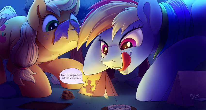 2018 applejack_(mlp) colored cutie_mark dialogue drooling earth_pony english_text equine eyelashes female feral freckles friendship_is_magic group hair hi_res hooves horse licking licking_lips macro mammal multicolored_hair my_little_pony outside pony ponythroat rainbow_dash_(mlp) saliva tent text tongue tongue_out tree vore
