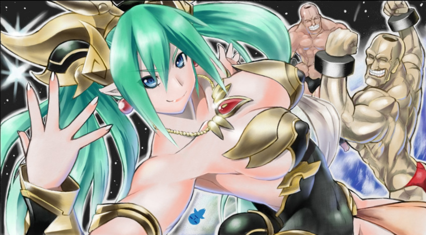 2boys adon_(cho_aniki) aqua_hair armlet bangs bare_shoulders benten_(cho_aniki) black_leotard blue_eyes breasts cho_aniki cleavage closed_mouth collarbone covered_nipples earrings earth eyebrows_visible_through_hair fingernails gem hair_between_eyes hair_ornament hanabusa_(xztr3448) highres jewelry large_breasts leotard lips long_fingernails long_hair manly multiple_boys muscle necklace no_bra pink_lips planet pointy_ears samson sideboob smile solo_focus space star_(sky) strapless strapless_leotard twintails v-shaped_eyebrows