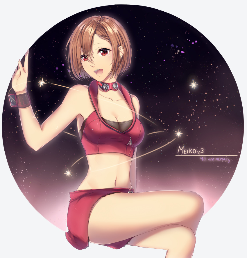 absurdres bare_shoulders breasts brown_hair cleavage commentary_request crop_top crossed_legs highres large_breasts meiko meiko_(vocaloid3) midriff miniskirt nail_polish navel open_mouth red_eyes red_neckwear red_skirt short_hair sitting skirt solo star_(sky) vocaloid yen-mi