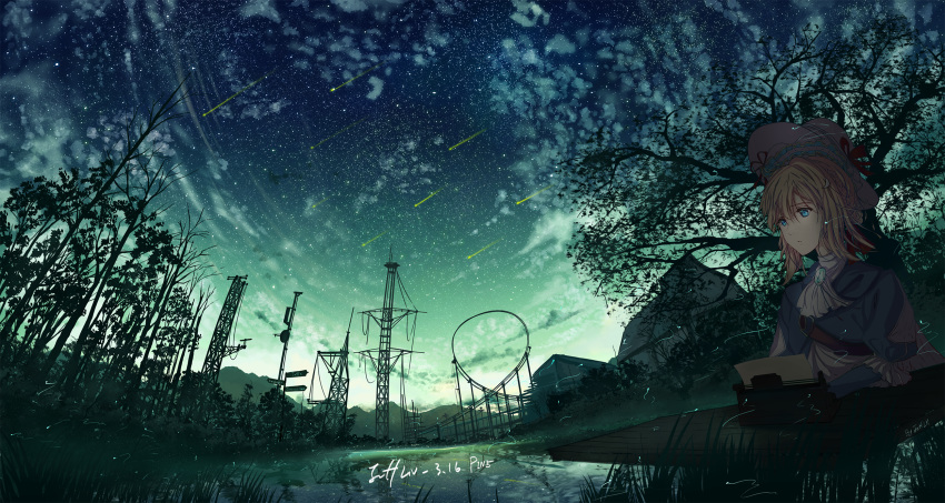 amusement_park bangs blonde_hair blue_eyes blue_jacket braid brooch cloud commentary_request cravat dated dress eyebrows_visible_through_hair fireflies frilled_sleeves frills green hair_between_eyes hair_intakes hair_ribbon hat highres jacket jeff_laoniu jewelry long_hair long_sleeves meteor_shower night night_sky outdoors radio_tower red_ribbon ribbon river riverbank scenery shooting_star sitting sky solo star_(sky) starry_sky tower tree typewriter typing violet_evergarden violet_evergarden_(character) water wooden_table