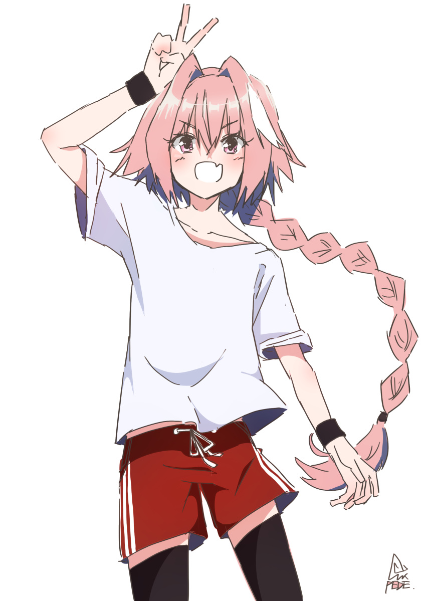 :d absurdres arm_above_head arm_up astolfo_(fate) bangs black_bow black_legwear blush bow braid cmpede collarbone commentary_request cowboy_shot double_vertical_stripe drawstring eyebrows_visible_through_hair eyelashes fang fate/apocrypha fate_(series) gym_shirt gym_shorts hair_between_eyes hair_bow hair_intakes highres long_hair looking_at_viewer male_focus multicolored_hair open_mouth otoko_no_ko pink_hair purple_eyes red_shorts shirt short_sleeves shorts signature simple_background single_braid sketch smile solo standing streaked_hair t-shirt thighhighs two-tone_hair v v-shaped_eyebrows very_long_hair white_background white_hair white_shirt wristband