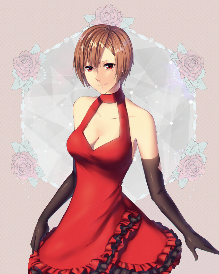 absurdres bare_shoulders black_gloves breasts brown_hair cleavage collarbone commentary_request dress elbow_gloves frills gloves hair_between_eyes highres medium_breasts meiko project_diva_(series) red_dress red_eyes scarlet_(module) short_hair smile solo standing vocaloid yen-mi