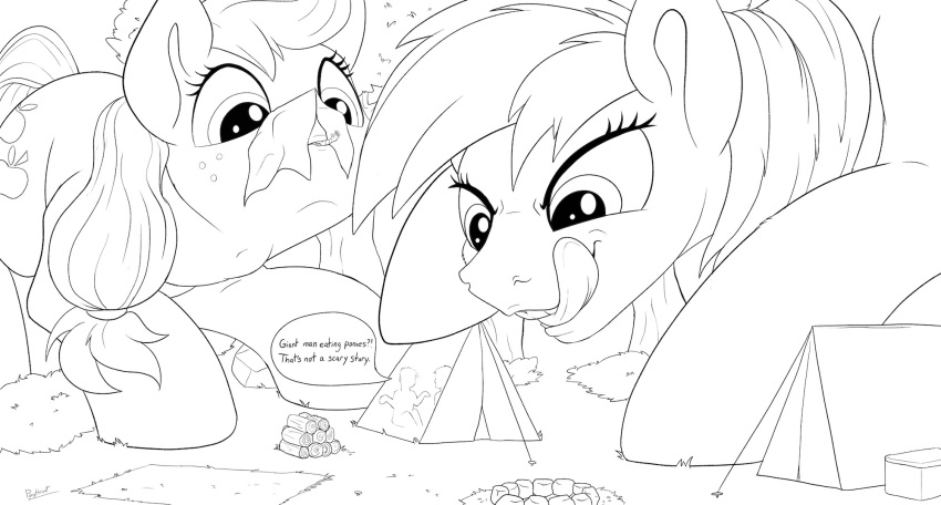 2018 applejack_(mlp) cutie_mark dialogue drooling earth_pony english_text equine eyelashes female feral freckles friendship_is_magic group hair hi_res hooves horse licking licking_lips line_art macro mammal monochrome my_little_pony outside pony ponythroat rainbow_dash_(mlp) saliva tent text tongue tongue_out tree vore