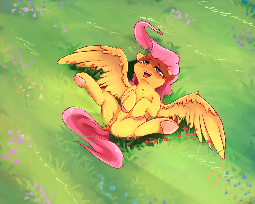 2018 anus blush digital_media_(artwork) equine feathered_wings feathers female feral fluttershy_(mlp) freckles friendship_is_magic hair hi_res hooves lying mammal miokomata my_little_pony on_back open_mouth pegasus pink_hair pussy solo spread_legs spreading underhoof wings