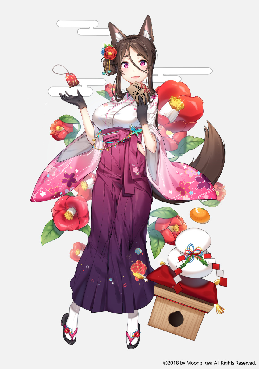 2018 :d absurdres animal_ears bangs black_footwear black_gloves breasts brown_hair chinese_zodiac dog_ears dog_girl dog_tail egasumi ema eyebrows_visible_through_hair floral_print flower gloves gradient gradient_clothes gradient_hakama gradient_kimono grey_background hair_between_eyes hair_bun hakama highres japanese_clothes kagami_mochi kimono large_breasts long_sleeves looking_at_viewer moong_gya open_mouth original pink_kimono print_kimono purple_eyes purple_hakama red_flower sanbou side_bun smile socks solo table tail thick_eyebrows white_kimono white_legwear wide_sleeves year_of_the_dog zouri