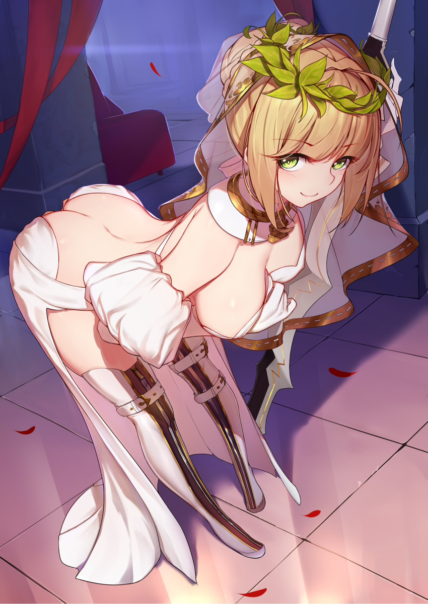 aestus_estus ass back bent_over blonde_hair boots breasts fate_(series) gloves green_eyes highres langya_beike looking_at_viewer medium_breasts nero_claudius_(bride)_(fate) nero_claudius_(fate)_(all) smile solo standing sword thigh_boots thighhighs weapon white_gloves white_sleeves