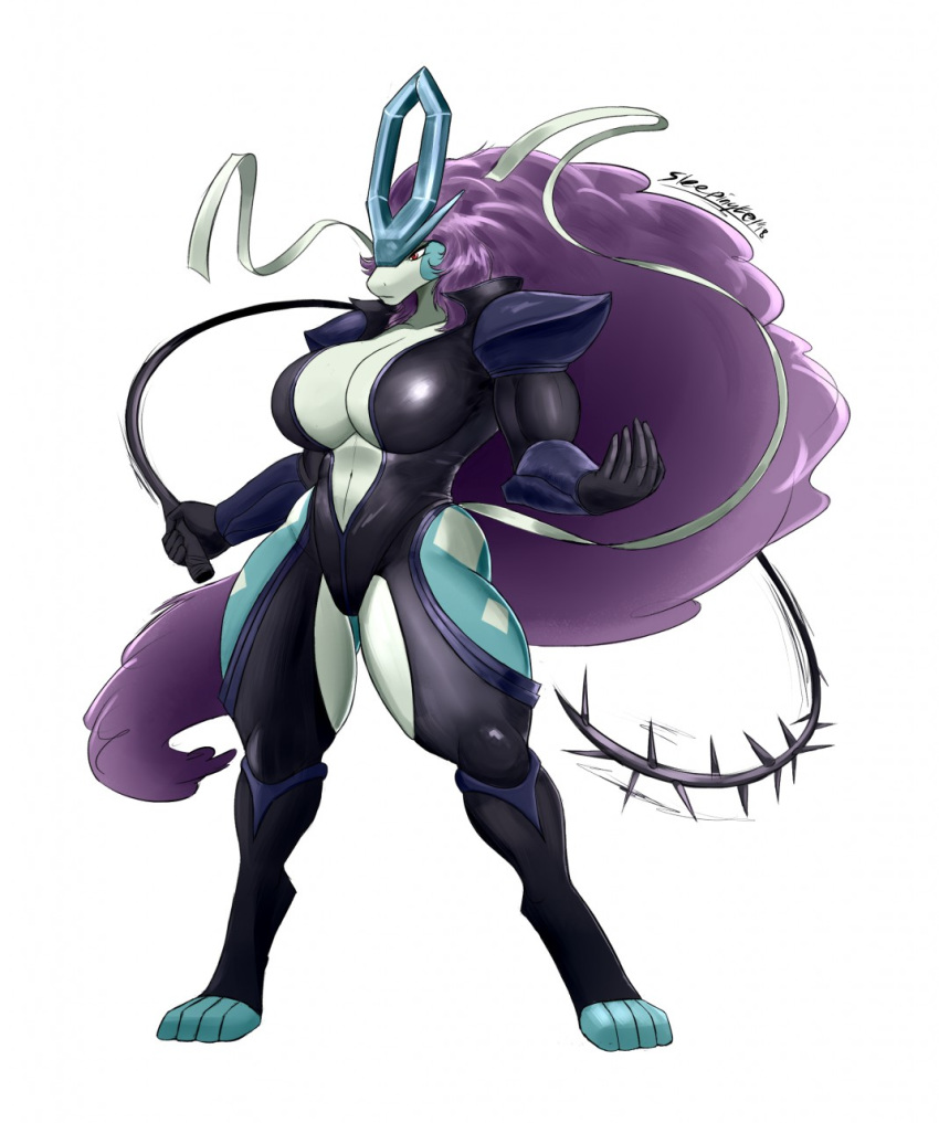 anthro big_breasts breasts cleavage clothed clothing female fullmetalmentalist hair legendary_pok&eacute;mon long_hair muscular_thighs nintendo pok&eacute;mon pok&eacute;mon_(species) pok&eacute;morph purple_hair red_eyes solo suicune thick_thighs tight_clothing video_games voluptuous whip wide_hips