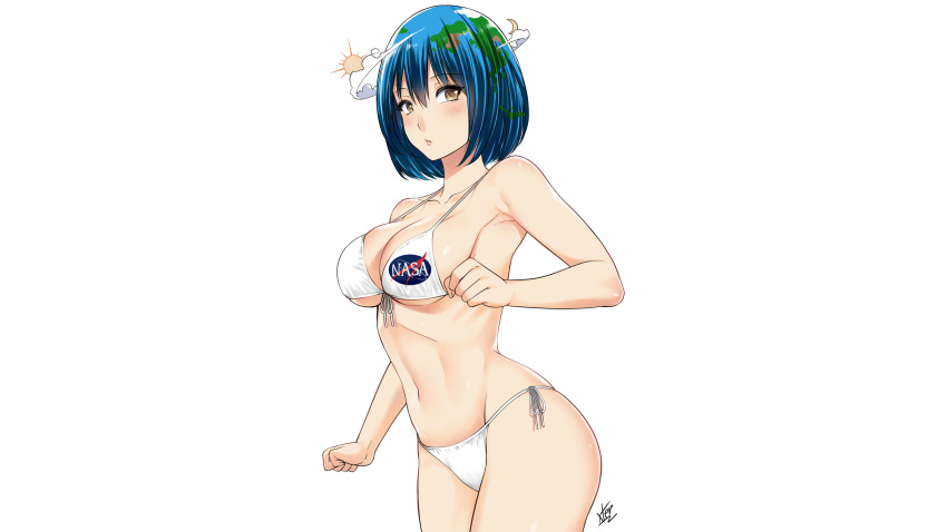 anthropomorphism bikini blush breasts brown_eyes cleavage earth-chan navel planet short_hair signed swimsuit white xtermination