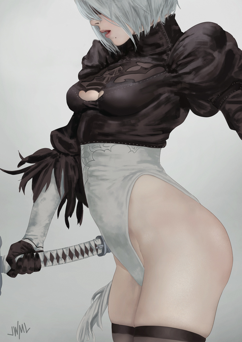 black_blindfold black_legwear blindfold feather-trimmed_sleeves from_side gloves highres justin_leyva_(steamy_tomato) leotard nier_(series) nier_automata open_mouth puffy_sleeves silver_hair simple_background skindentation sword thighhighs weapon yorha_no._2_type_b