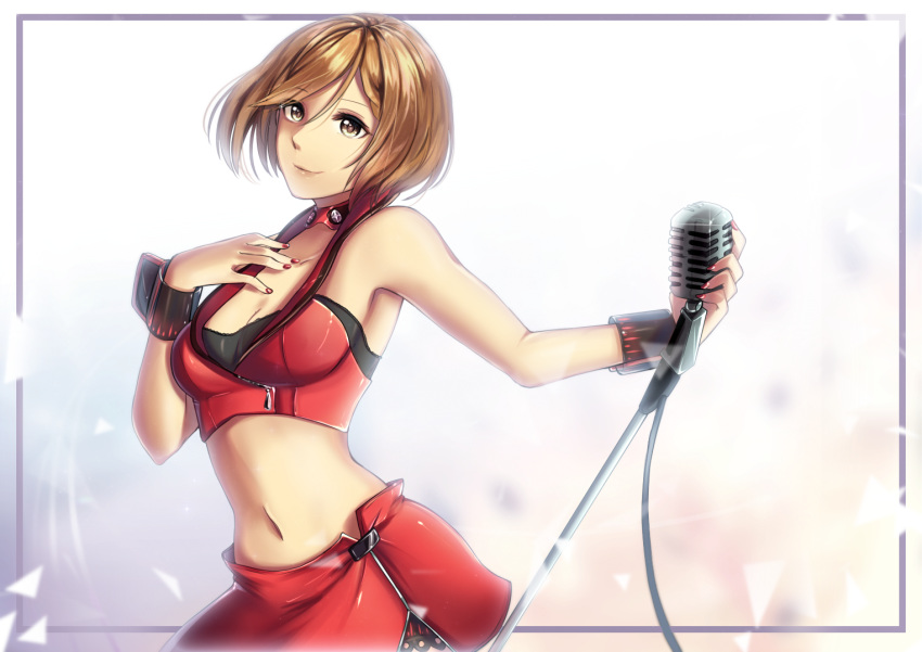 bare_shoulders breasts brown_hair choker cleavage commentary cuffs eyebrows_visible_through_hair happy_birthday medium_breasts meiko microphone microphone_stand miniskirt nail_polish navel red_skirt short_hair skirt smile solo vocaloid yen-mi