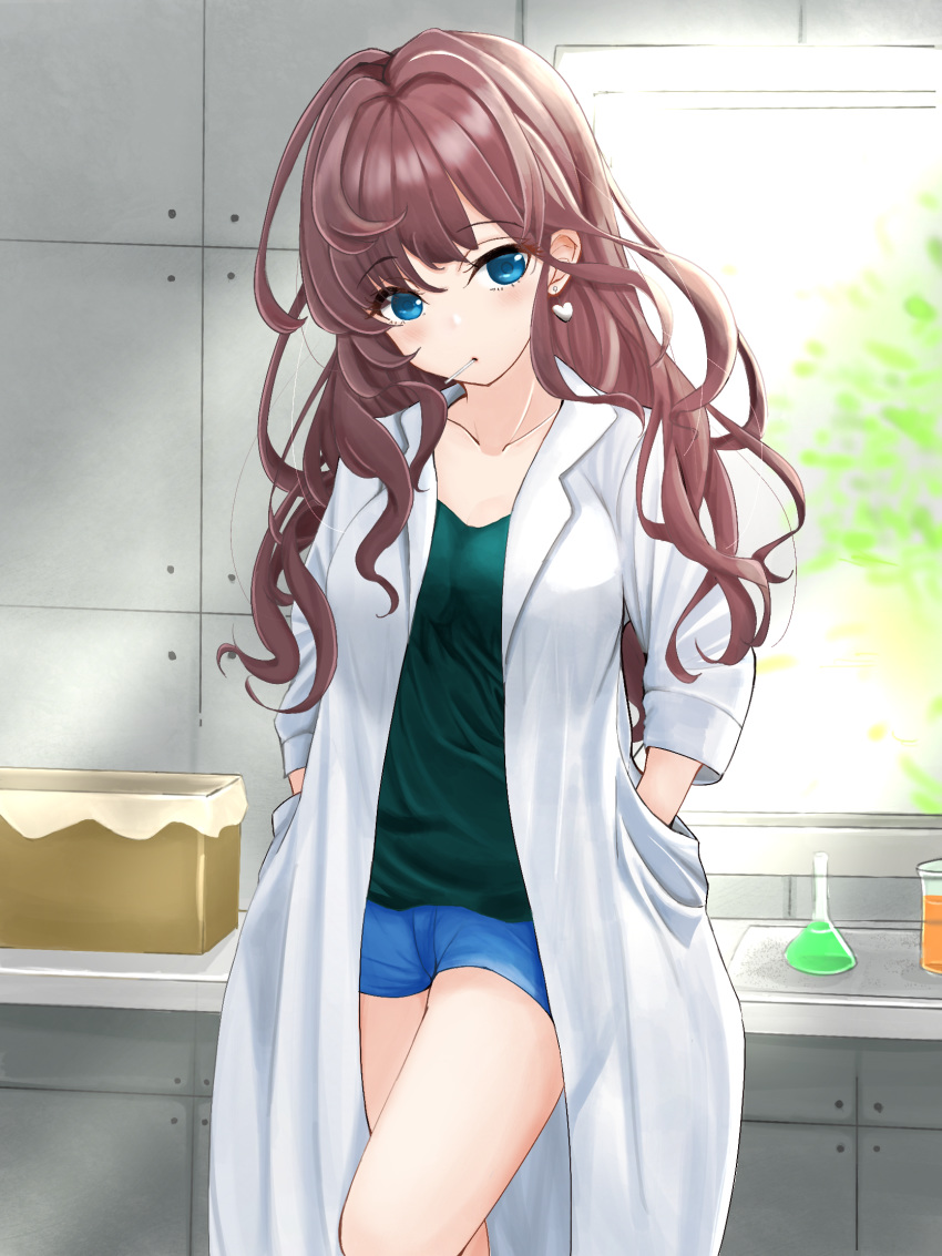 beaker blue_eyes blush box brown_hair candy commentary_request earrings flask food hands_in_pockets head_tilt heart heart_earrings highres ichinose_shiki idolmaster idolmaster_cinderella_girls jewelry labcoat lollipop long_hair looking_at_viewer mouth_hold palu_39 shelf shorts solo wavy_hair