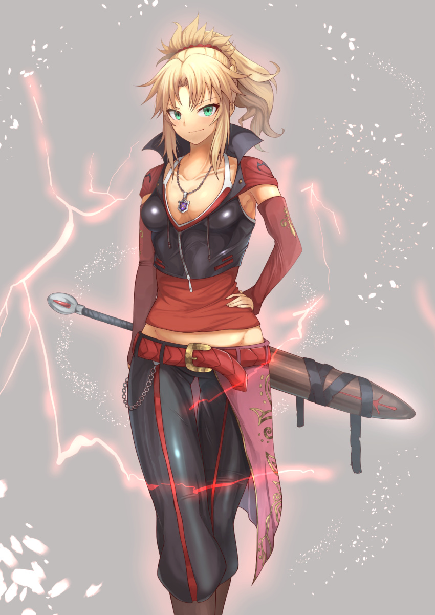 alternate_costume arm_at_side armpits bangs belt belt_buckle black_pants black_vest blonde_hair boots breasts brown_footwear buckle chain clarent closed_mouth collarbone commentary_request cropped_vest detached_sleeves electricity eyebrows_visible_through_hair fate/apocrypha fate_(series) green_eyes grey_background groin hair_ornament hair_scrunchie hand_on_hip high_collar high_ponytail highres jewelry knee_boots looking_at_viewer medium_hair midriff mordred_(fate) mordred_(fate)_(all) necklace ohako_(ohako1818) pants parted_bangs ponytail red_belt red_scrunchie red_shirt scrunchie sheath sheathed shirt sidelocks simple_background small_breasts smile solo standing striped striped_pants sword thigh_gap tsurime v-shaped_eyebrows vest weapon zipper zipper_pull_tab