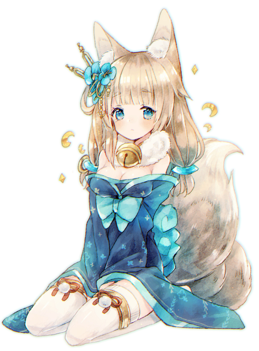:&lt; animal_ears azur_lane bare_shoulders bell between_legs blue_bow blue_eyes blue_flower blue_kimono blush bow breasts cleavage closed_mouth commentary_request crescent flower fox_ears fox_girl fox_tail full_body fur_collar hair_flower hair_ornament hand_between_legs highres japanese_clothes jingle_bell kikka_(kicca_choco) kimono kyuubi light_brown_hair long_sleeves medium_breasts multiple_tails niizuki_(azur_lane) off_shoulder seiza simple_background sitting solo tail tears thighhighs white_background white_legwear wide_sleeves