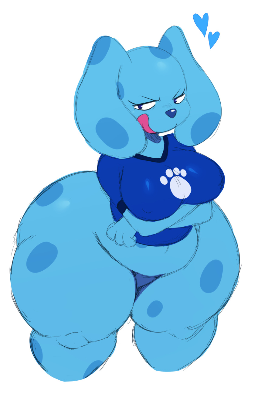 &lt;3 2018 anthro anthrofied belly big_breasts big_butt big_thighs blue's_clues blue_(blue's_clues) blue_eyes blue_nose bottomless breast_rest breasts butt canine clothed clothing crossed_arms digital_media_(artwork) dog featureless_crotch female hi_res huge_butt huge_hips licking licking_lips mammal nipple_bulge overweight overweight_female shirt simple_background solo sssonic2 thick_thighs tongue tongue_out voluptuous white_background wide_hips