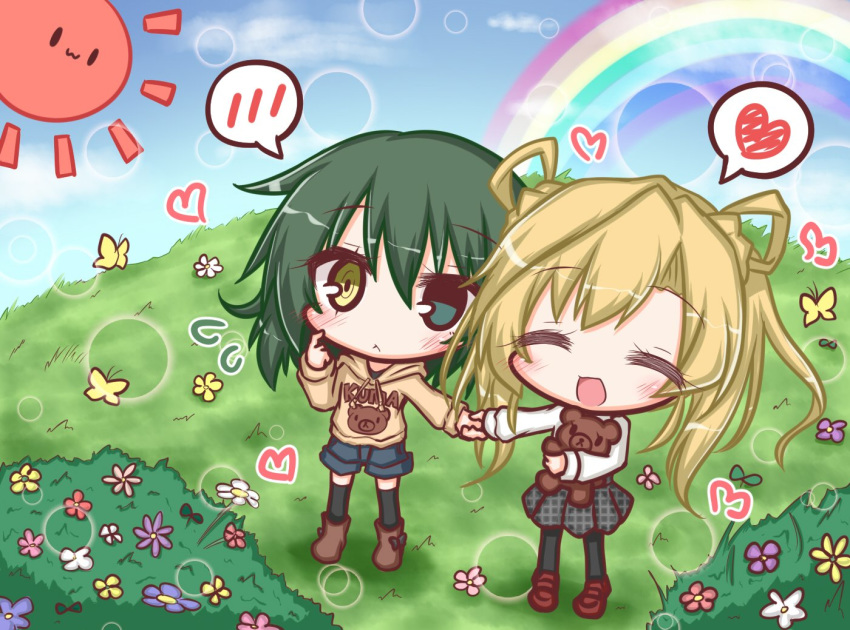 :&lt; :d ^_^ abukuma_(kantai_collection) animal animal_print bear_print black_legwear black_skirt blonde_hair blue_flower blue_shorts blue_sky blush boots brown_footwear brown_hoodie bug bush butterfly closed_eyes closed_mouth cloud commentary_request day drawstring flower green_eyes green_hair heart heterochromia holding_hands hood hood_down hoodie insect kantai_collection kiso_(kantai_collection) komakoma_(magicaltale) loafers long_sleeves looking_at_viewer multiple_girls open_mouth outdoors pantyhose plaid plaid_skirt pleated_skirt purple_footwear rainbow red_flower romaji shirt shoes short_shorts shorts skirt sky smile spoken_blush spoken_heart sun thighhighs white_flower white_shirt yellow_eyes yellow_flower