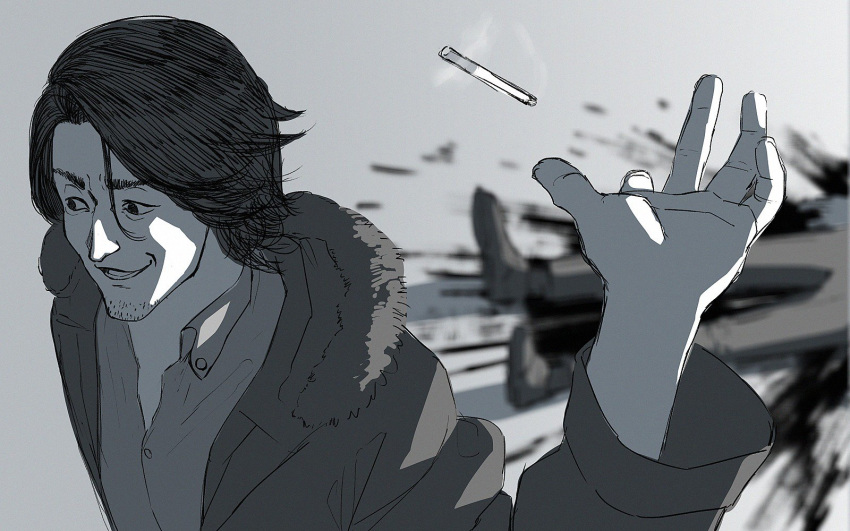 blood cigarette corpse facial_hair fur_trim greyscale highres jacket male_focus monochrome open_mouth real_life see-through self-defense_ojisan smile stubble tossing upper_body yue_(tada_no_saboten)