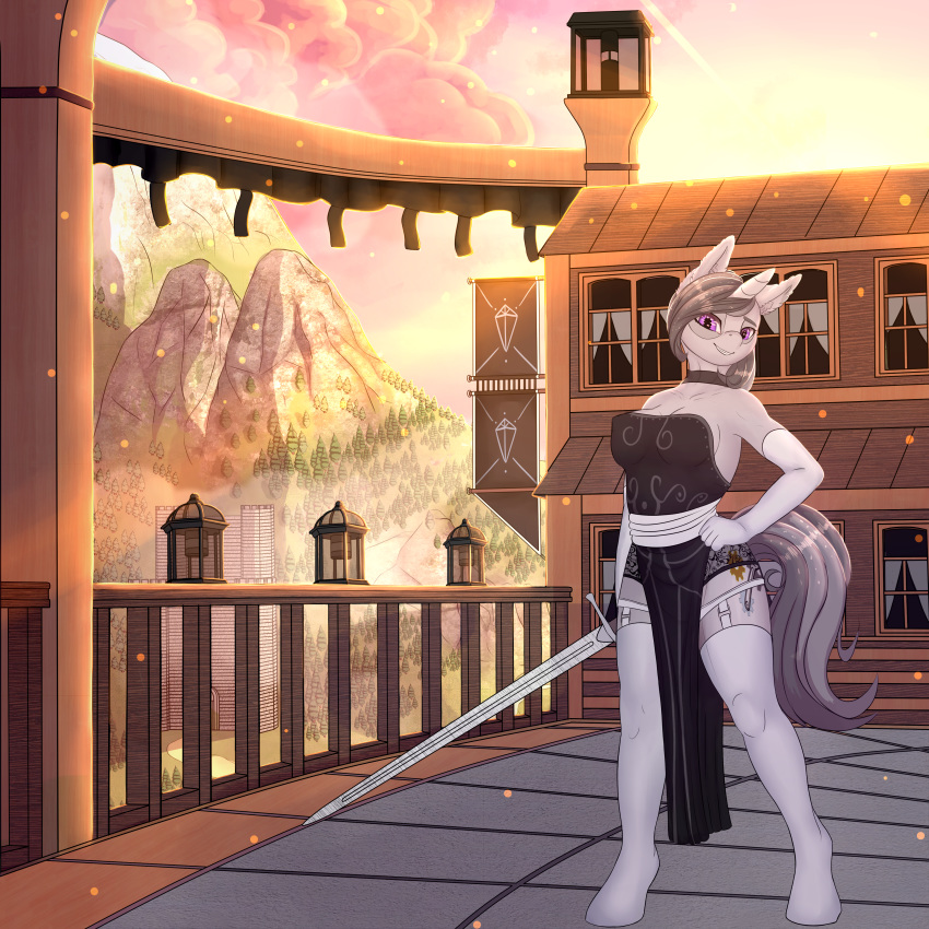 anthro breasts clothing cloud cutie_mark dress equine fan_character female horn horse lamp legwear looking_at_viewer mammal melee_weapon mountain my_little_pony nording34 pony standing stockings sun sunset sword unicorn weapon