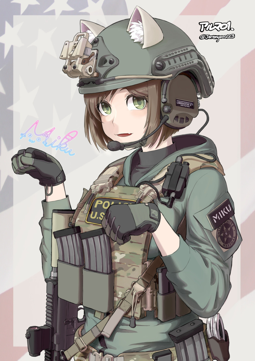 absurdres alma01 american_flag animal_ears artist_name assault_rifle bangs belt black_gloves black_shirt brown_hair bulletproof_vest camouflage cat_ears character_name commentary cuffs emblem english fake_animal_ears fang gloves green_eyes green_jacket gun handcuffs headset helmet highres idolmaster idolmaster_cinderella_girls jacket long_sleeves m4_carbine maekawa_miku magazine_(weapon) name_tag parted_lips paw_pose police reflex_sight rifle scope shirt signature smile solo star swept_bangs tactical_clothes twitter_username united_states_marshal utility_belt weapon weapon_request